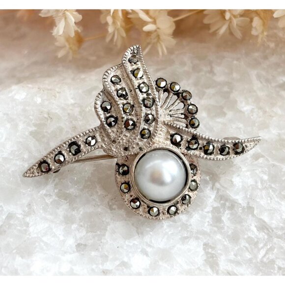 Vintage Jewelry - Marcasite Faux Button Pearl Abstract Art Deco Sterling Vintage Brooch Pendant